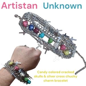 Women's Candy cracked skull & silver cross mult strand Chunky charm bracelet